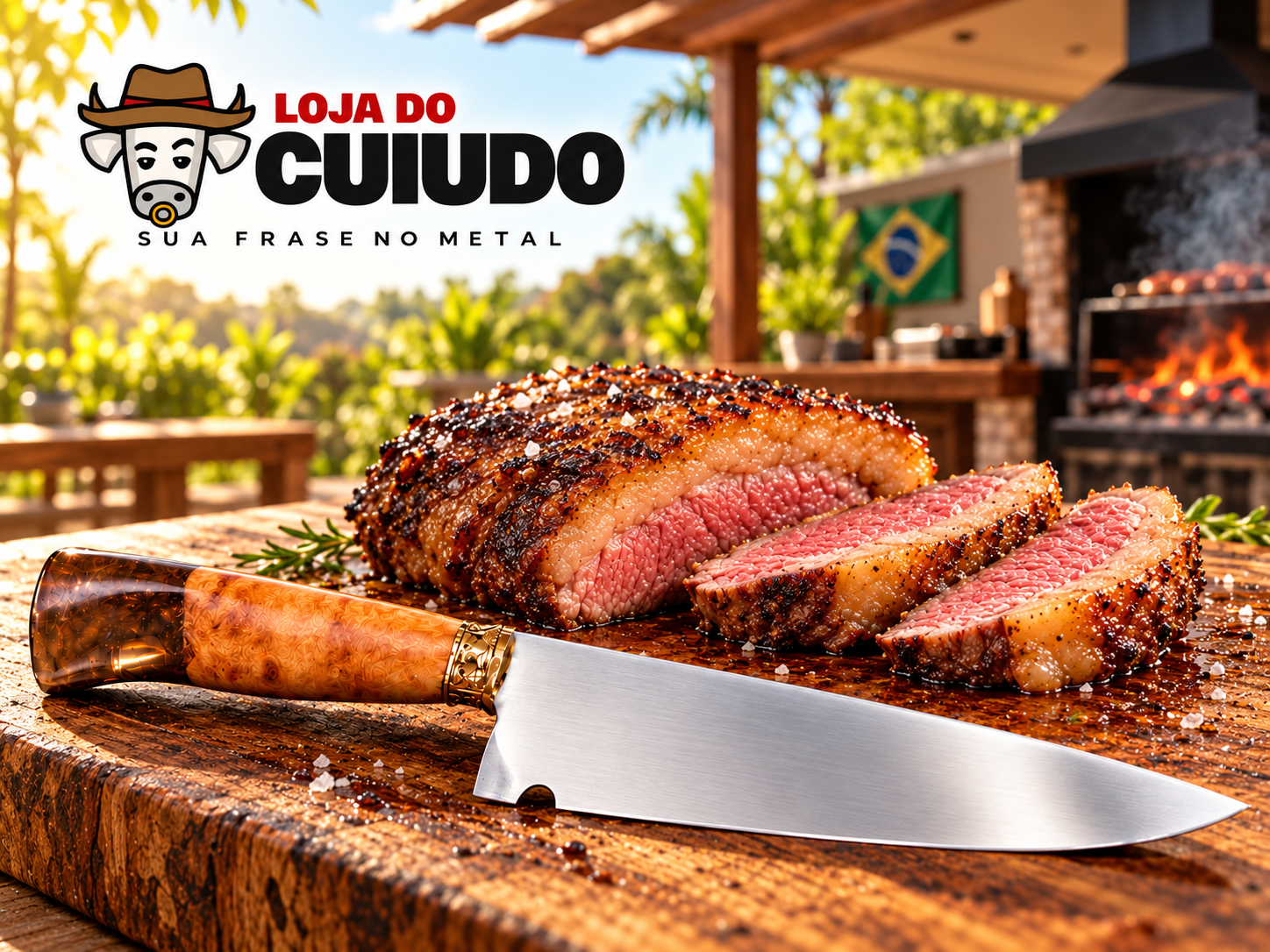 Faca sem frase ao lado de picanha fatiada em uma tábua de churrasco
